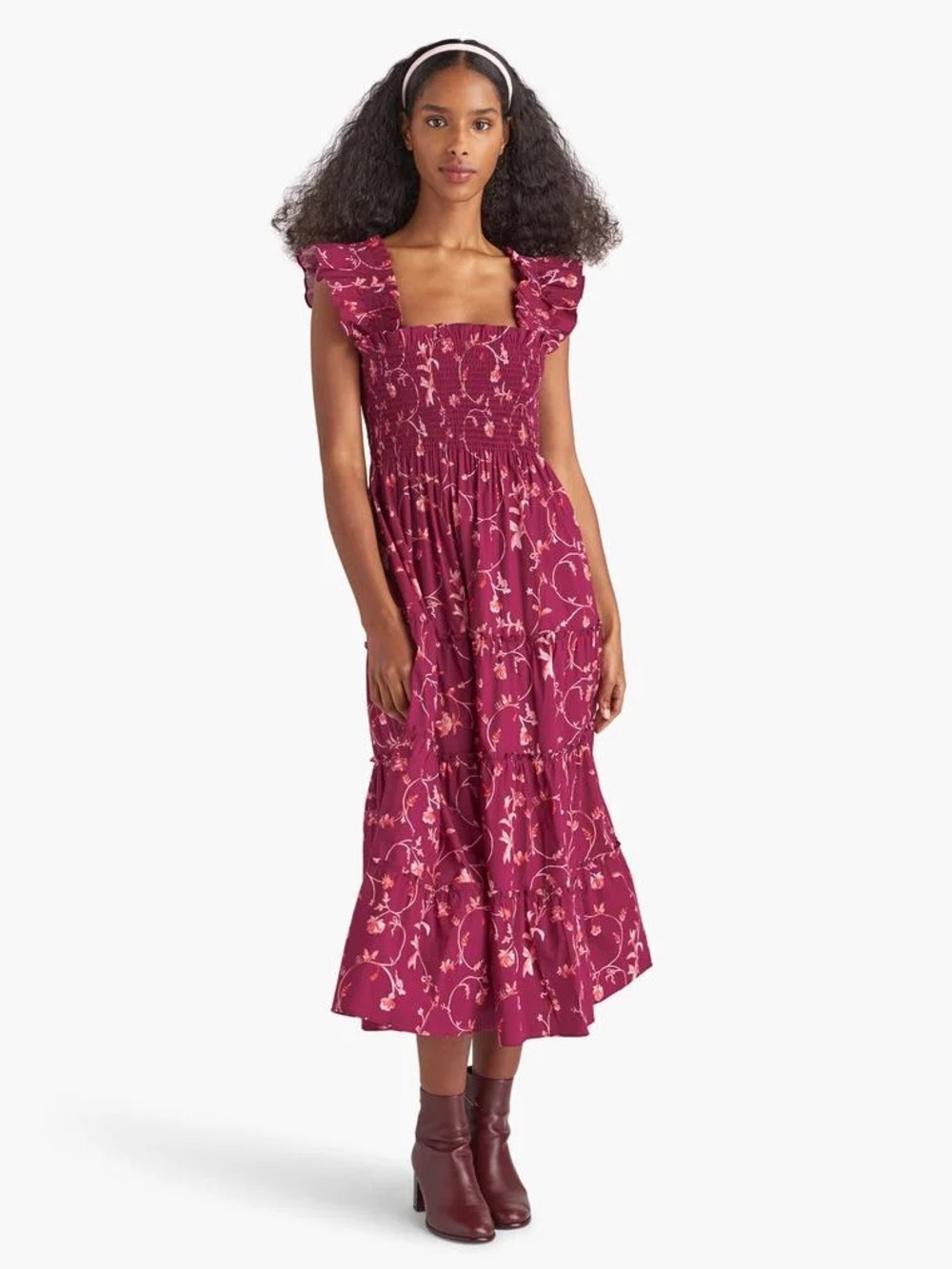 HILL HOUSE Burgundy Ellie Nap Dress Floral Ruffled